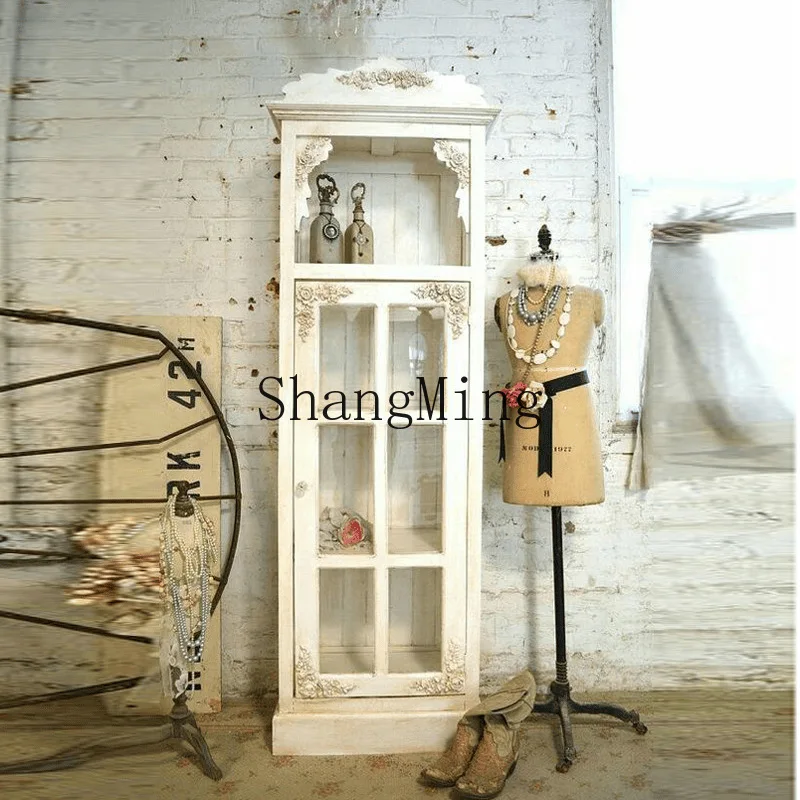 

CL Retro Solid Wood Wine Cabinet Living Room Glass Door Display Carved Decorative Single Door Storage Cabinet