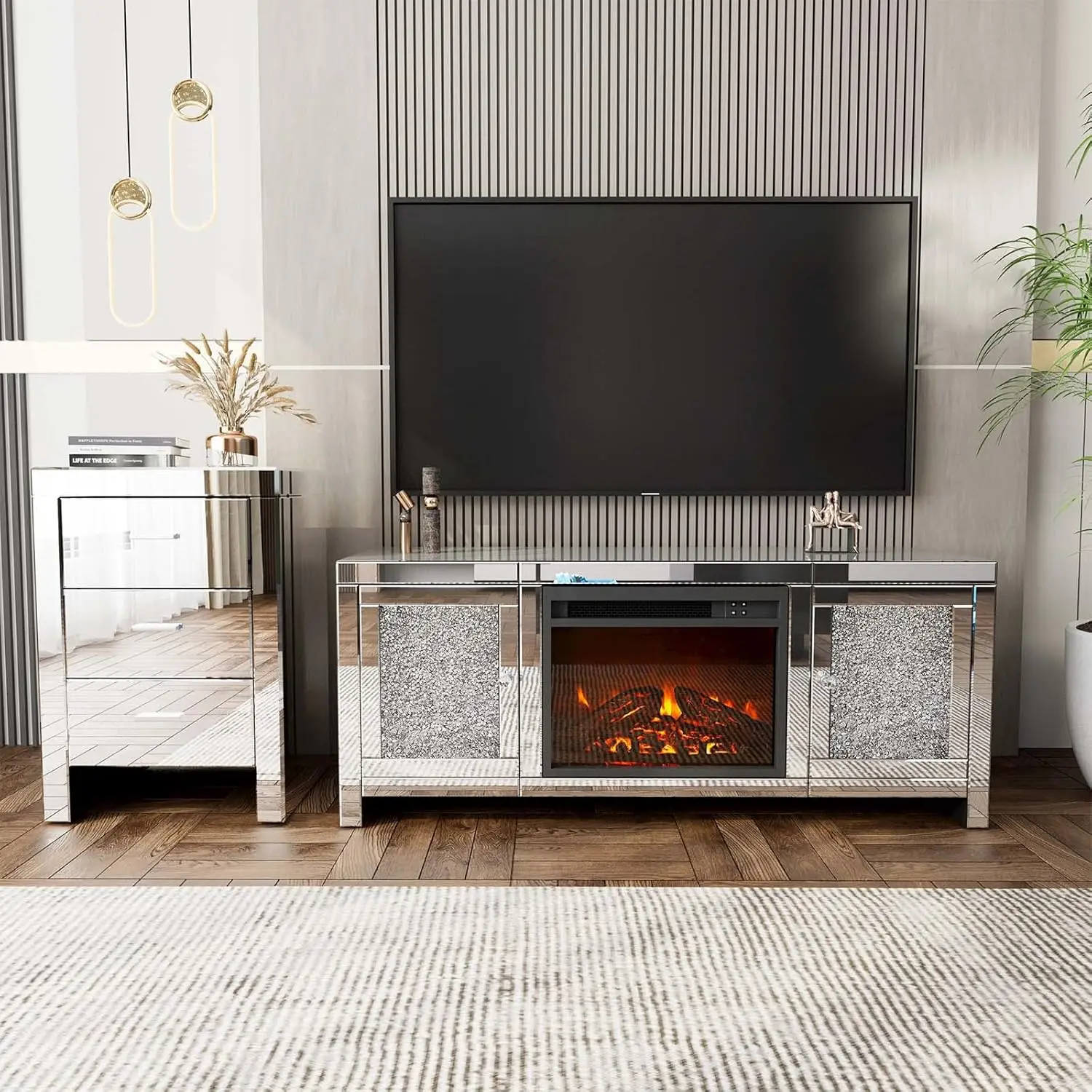 Mirrored Fireplace TV Stand, Mirrored Media Entertainment Center for TV up to 55 inch, Silver TV Console Table Mirrored