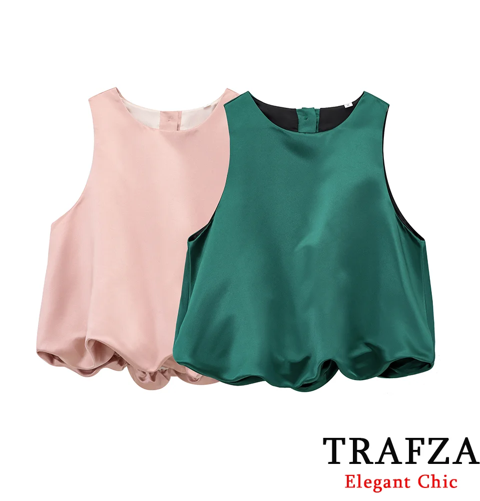 TRAFZA Women Pink Green Balloon Satin Texture Top Pleated Button Lively Top New 2025 Spring/Summer Holiday Party Romantic Top