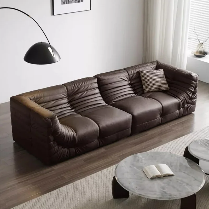 Three-person black leather sofa first layer cowhide