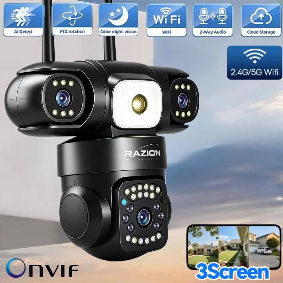 Cámara PTZ Wifi 2.4G y 5G para exteriores, con tres lentes o cámara IP de tres lentes, seguimiento automático, visión nocturna a color