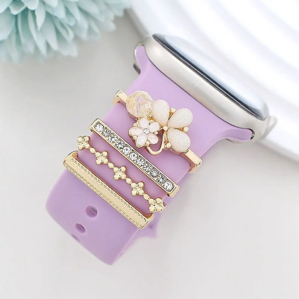 

4 шт., модный цветочный ремешок для часов, орнамент, металлическое декоративное кольцо с бриллиантами, подвески на запястье для Apple Watch, декоративный инструмент