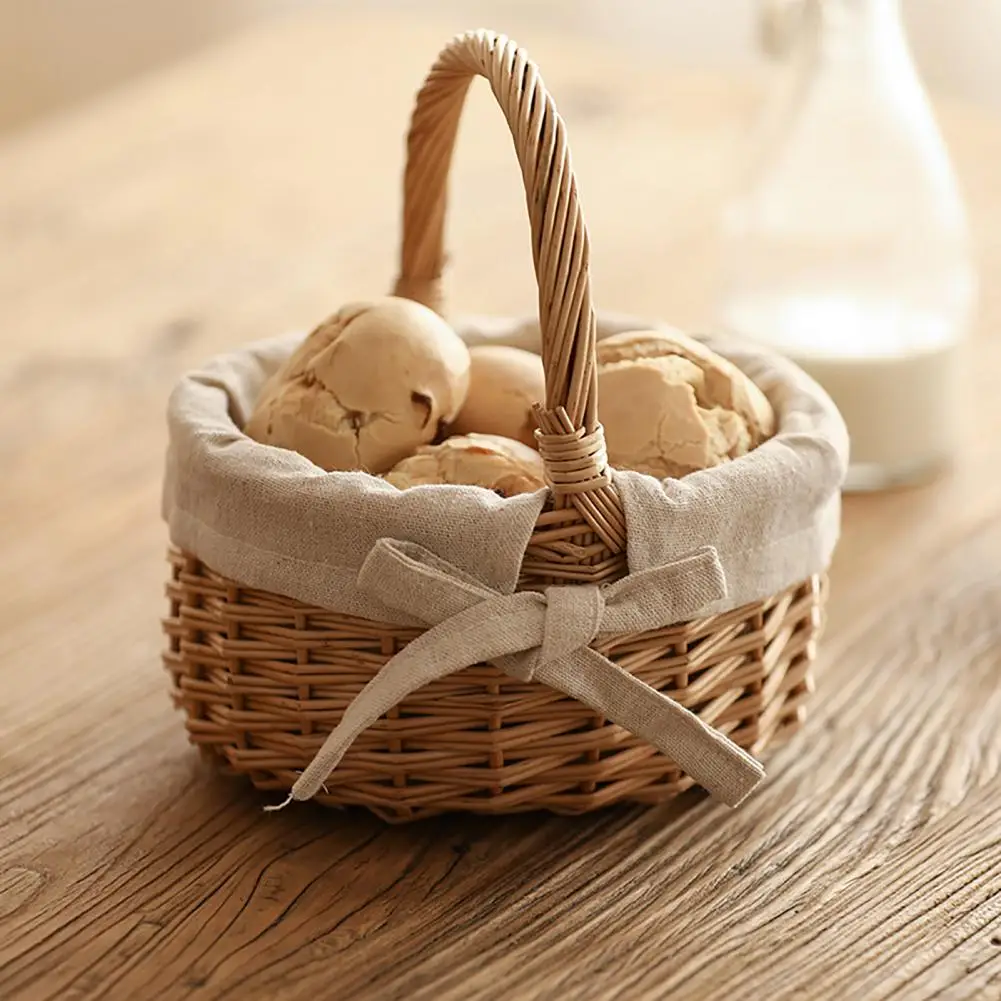 Cesta de mimbre con lazo para niña, cesta de flores para decoración de boda con asa, cesta de frutas portátil, contenedor de almacenamiento para