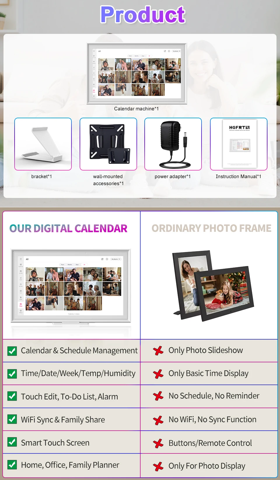 HGFRTEE 15,6-Zoll Smart Digitaler Kalender, FHD-Touchscreen-Display, Familienplaner & Digitaler Bilderrahmen, Wand-/Schreibtischmontage mit App – Detail 17