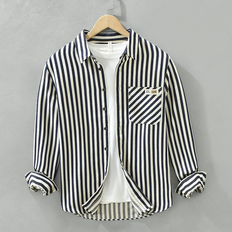 

Men's 2025 Spring and Autumn New Trendy Brand Minimally Paired Casual Collar Rascal Handsome Vertical Striped Long Sleeve Shirt
