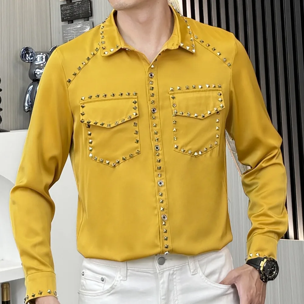 

Black White Yellow Rivet Decoration Mens Shirts Nightclub Shirt Camisa Masculina Casual Punk Shirt Men Prom Tuxedo Hemise Homme