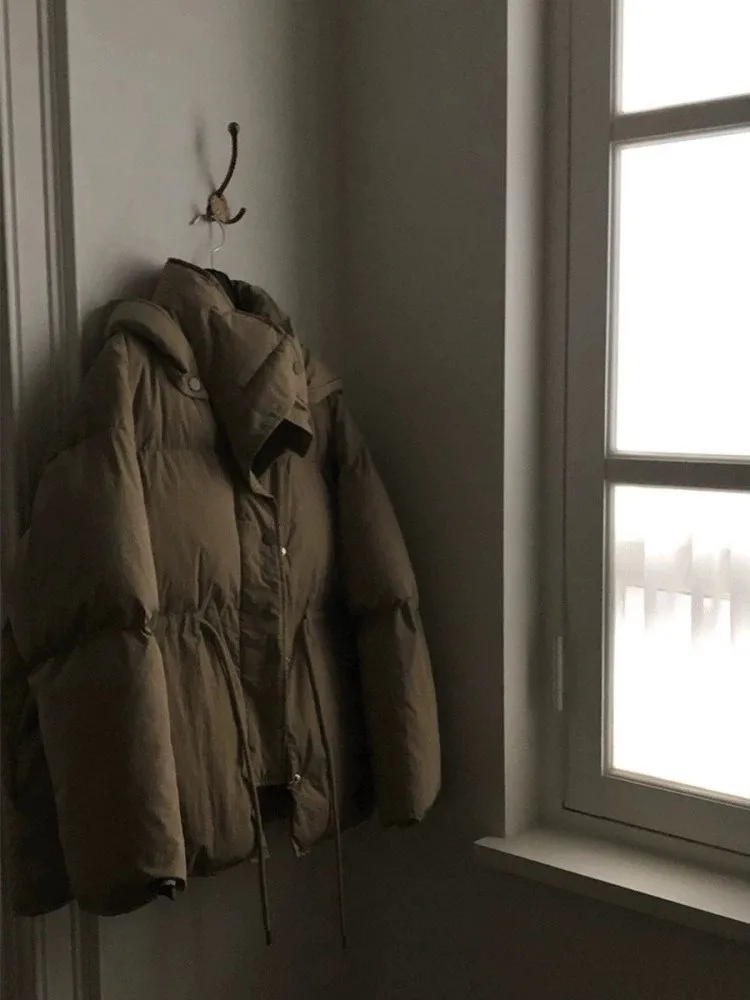 دافئ Dstring الخصر مقنعين القطن Jaet ort المرأة Sle خمر العصرية تخفيف طويل Sve سستة معطف لون نقي