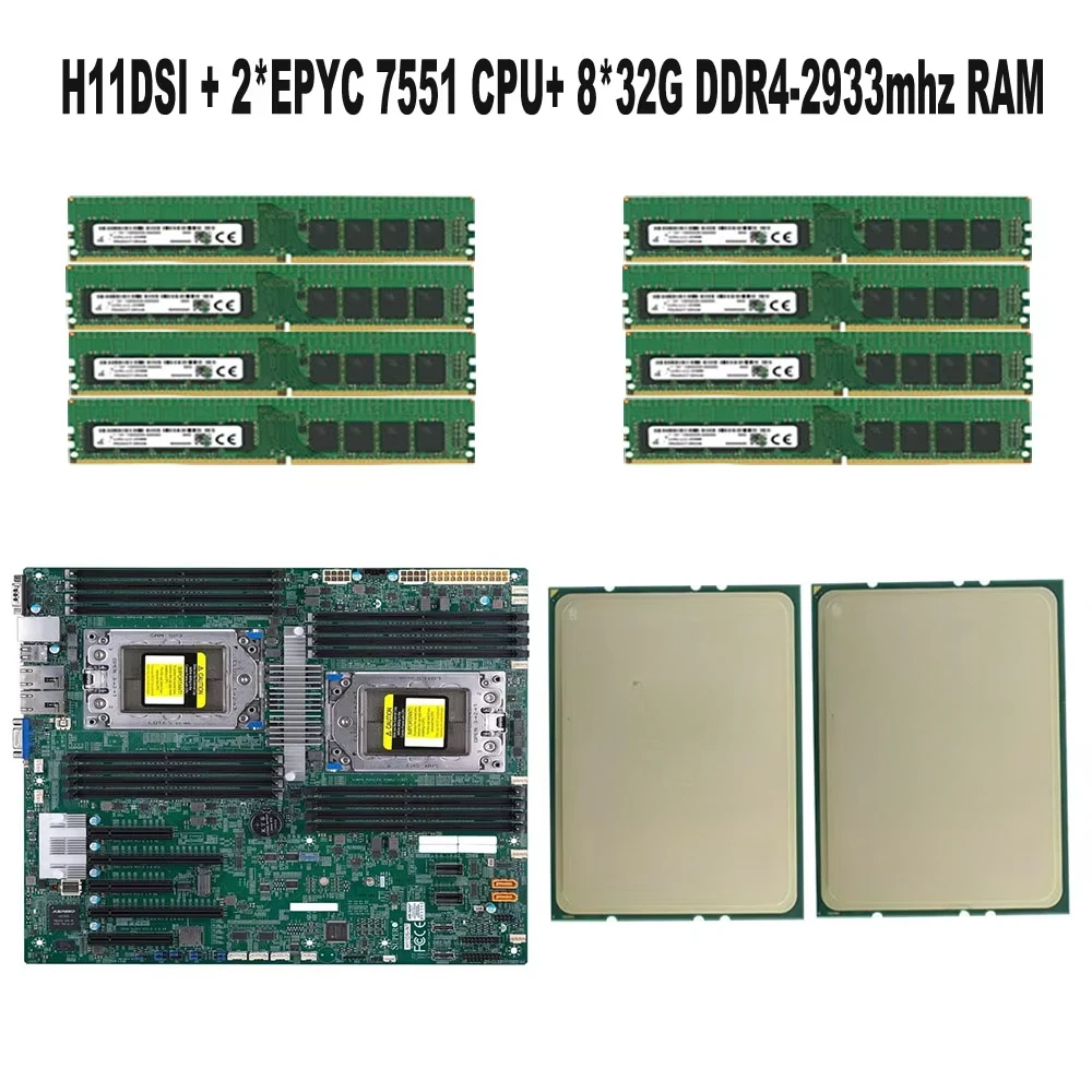 For Supermicro H11DSI REV2.0 Motherboard Socket SP3  /  2* EPYC 7551 32C/64T 180W CPU Processor  / 8* 32GB = 256GB DDR4 2933mhz