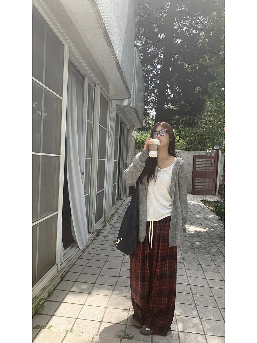 بنطلون نسائي واسع الساق بخصر مرتفع، موديل جديد للخريف والشتاء، فضفاض ومستقيم، بنطلون كاجوال مبطن بالصوف، بنطلون مربعات أحمر