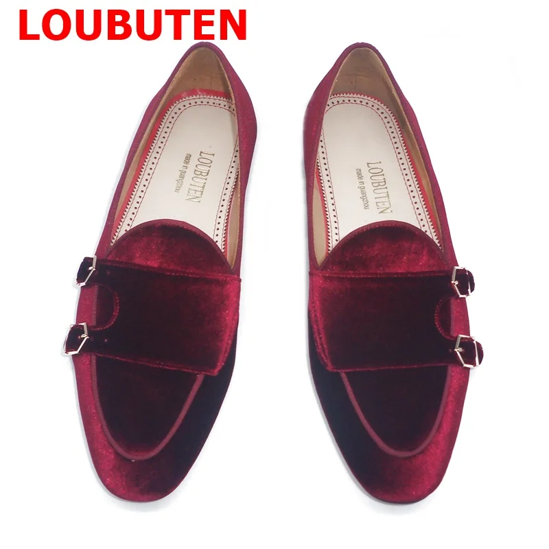 LOUBUTEN New Fashion Wine-red Velvet Shoes Luxury Monk Strap Loafers Shoes For Men Dress Shoes Party And Prom Shoes