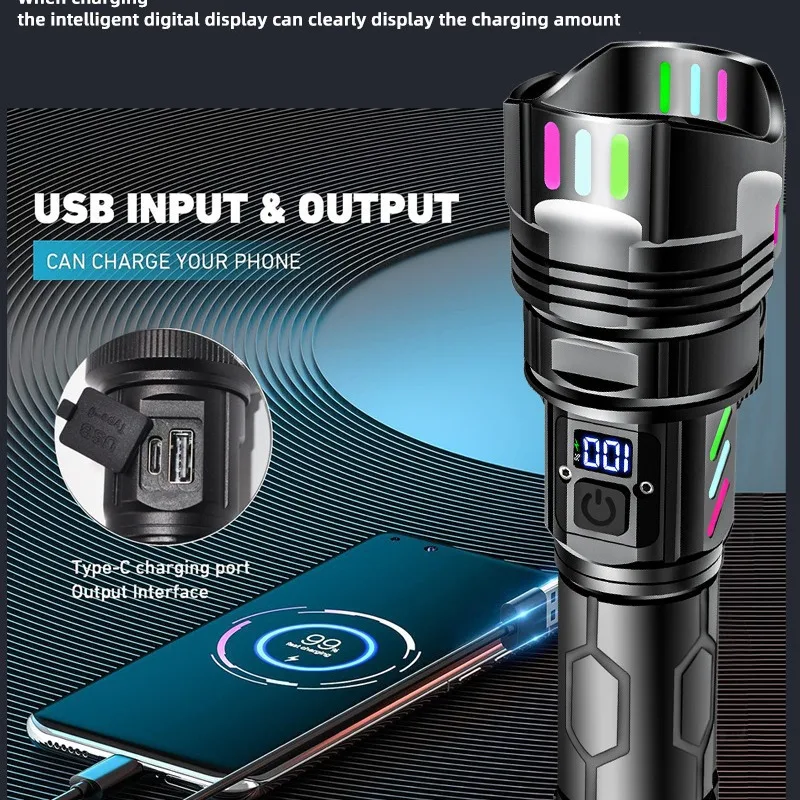 

High Power White Laser LED Flashlight Type-C Rechargable Strong Light Tactical Torch Outdoor Camping with Ignition Lens
