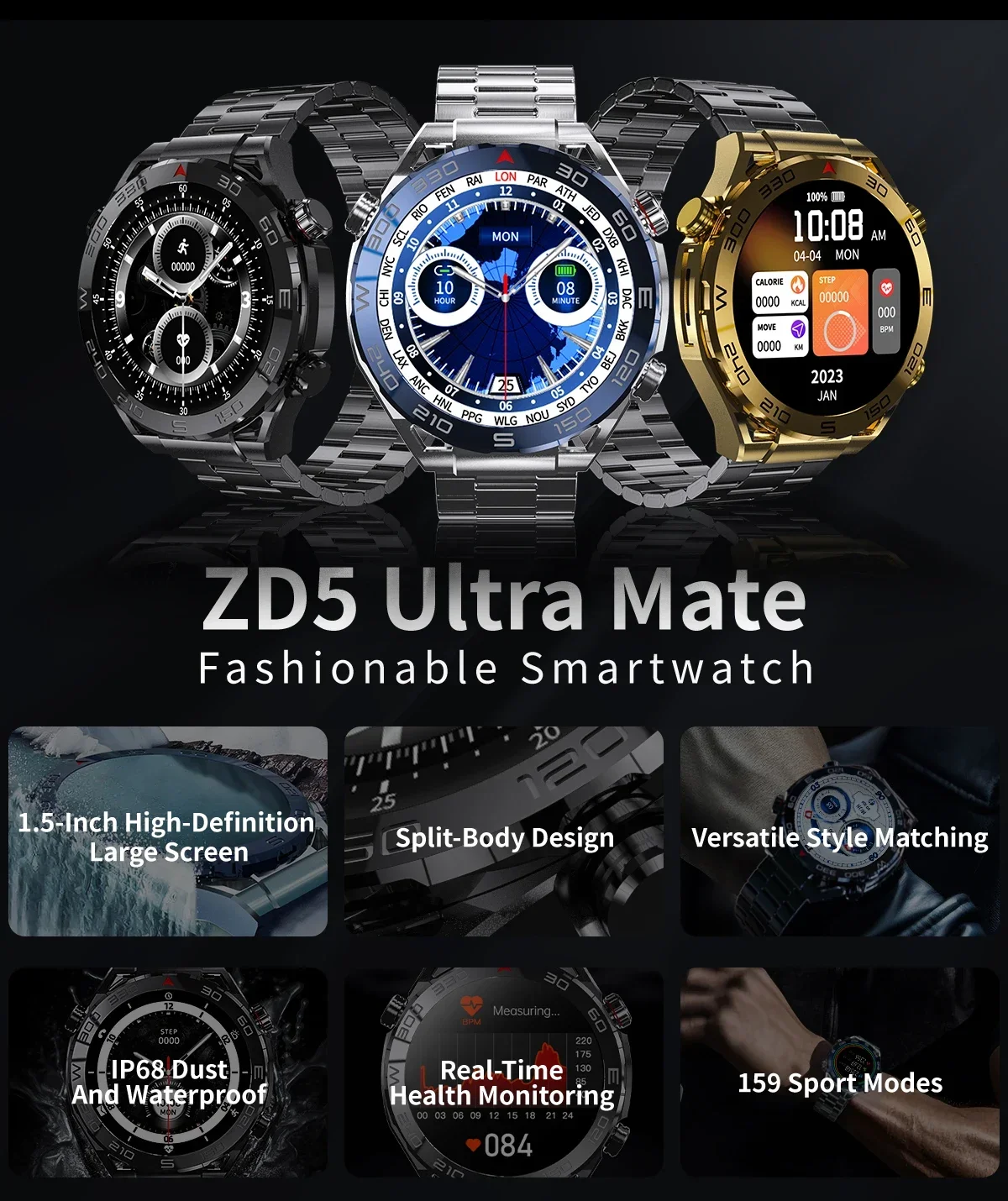 Zordai ZD5 Ultra Mate Men Women Smartwatch Wearable Smart Watch AMOLED Business Bluetooth Call Heart Rate IP68 Waterproof Sleep