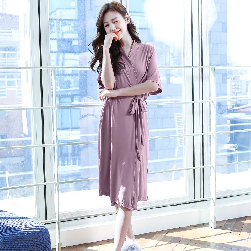 2023 New Summer Women Modal Purple Robe Short Sleeve V-Neck Cardigan Nightgown One-Piece Bathrobe Fashion Home Wear Kimono