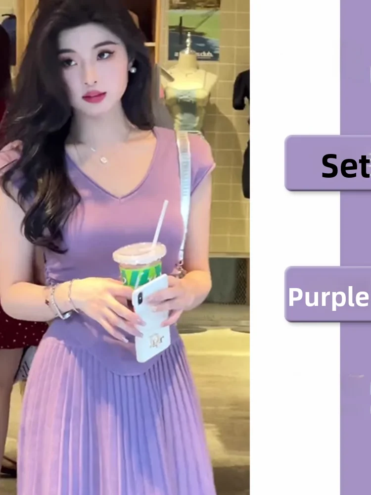 

Summer Outfit Korean Style Two-Piece Set Beautiful Purple Goddess Elegant Fashionable Women's Clothing Short Sleeve V-Neck