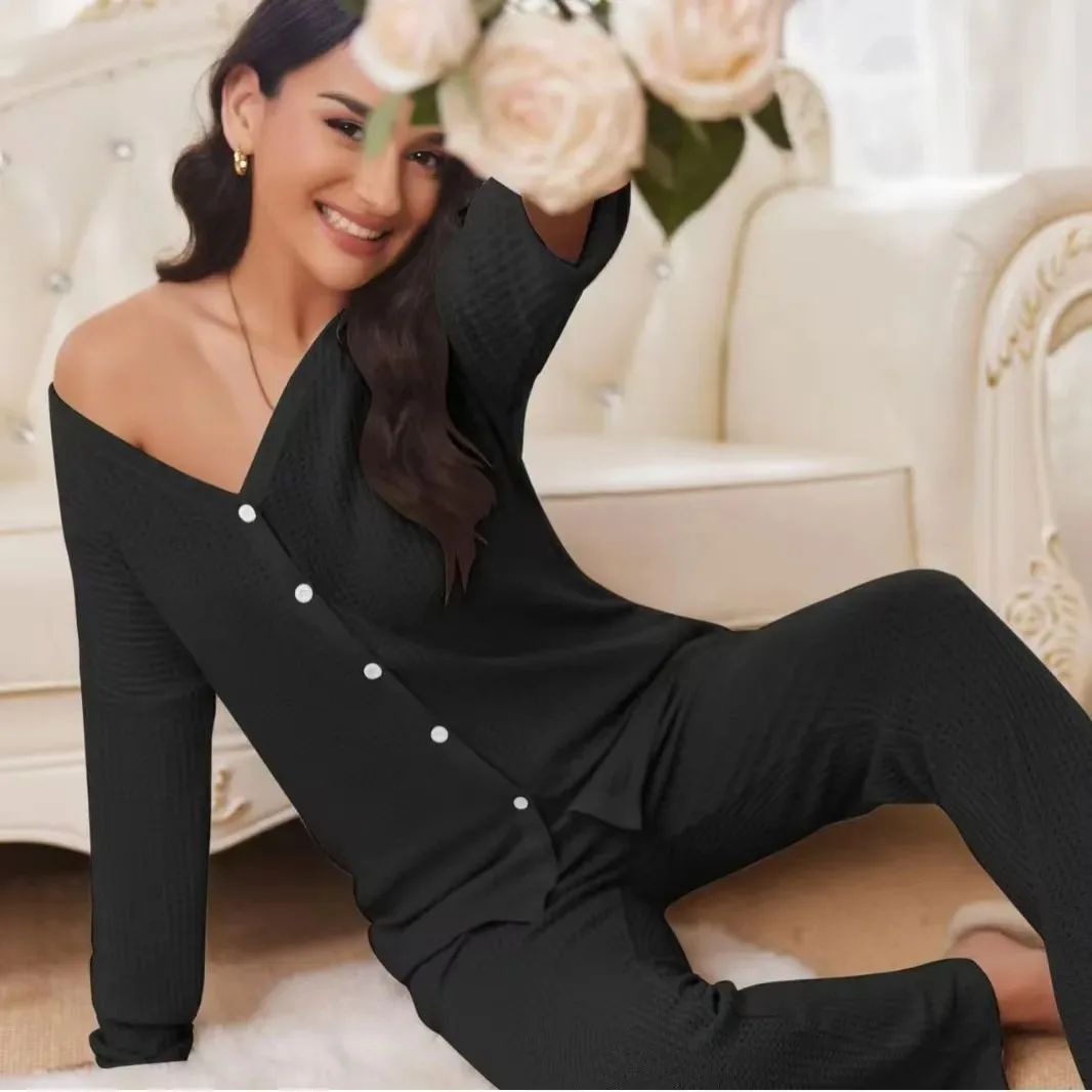 

Faionable Color Cardigan Top And Pants Set Long Sve V-Ne Home Wear Leisure Comfortable Women's Autumn Outfit