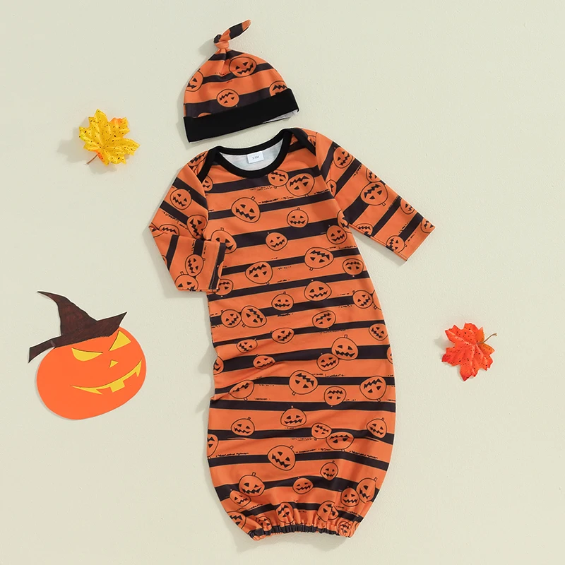 Newborn Baby Long Sleeve Sleeping Sack Halloween Striped Pumpkin Wearable Blanket Beanies Hat Set for Infant