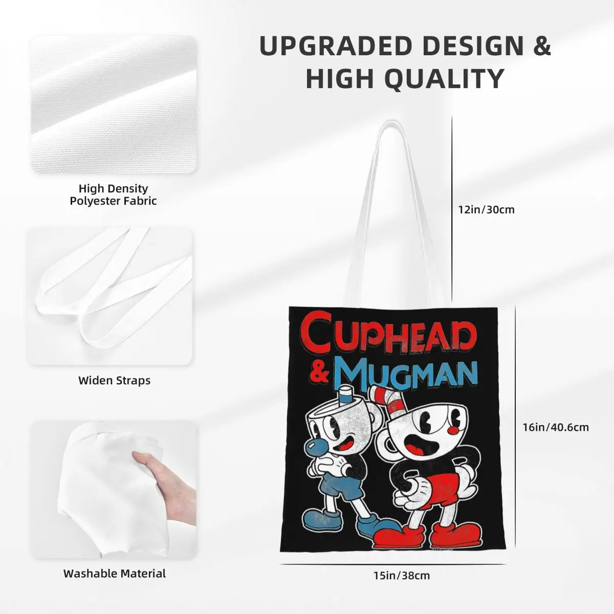 Cuphead & Mugman Dynamic Duo Sac fourre-tout en toile pour femme, sac d'épicerie grande capacité, sacs d'école