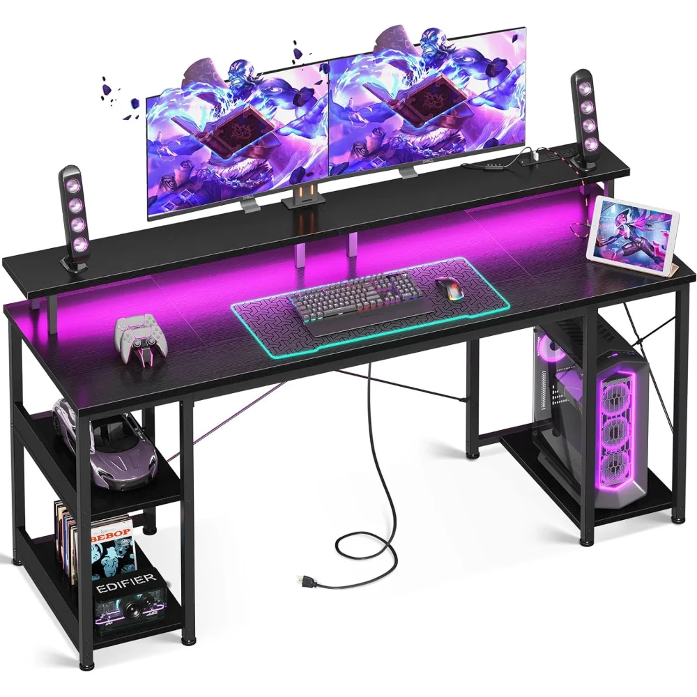 

55 inch Gaming Desk with LED Lights & Power Outlets, Computer Desk with Monitor Stand & Storage Sheves, CPU Stand