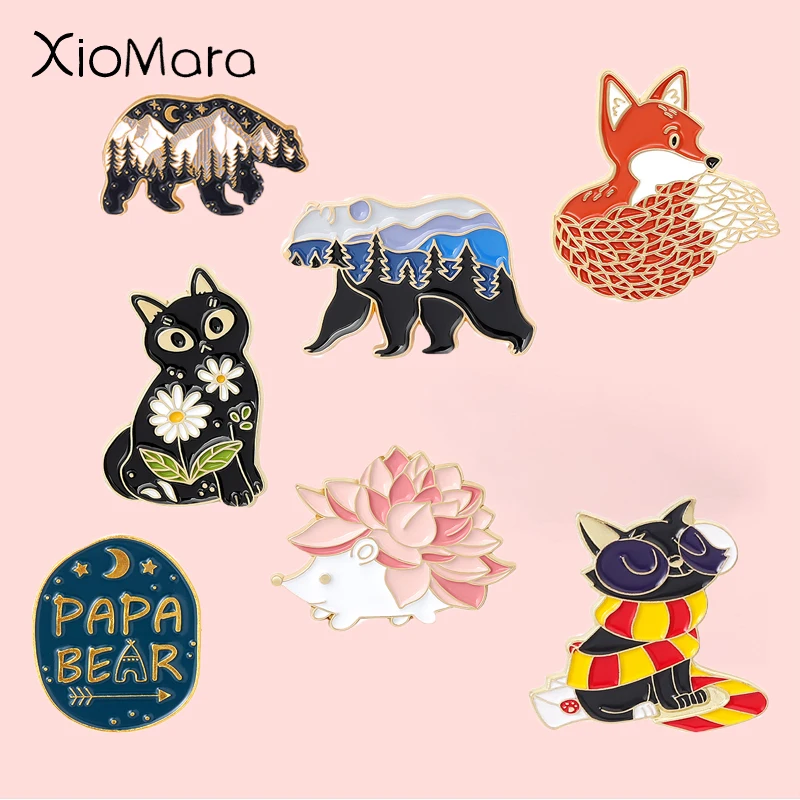 Cute Forest Animal Series Enamel Pin Black Cat Mountain Bear Fox Hedgehog Badge On Backpack Women Brooch Jewelry Gift For Friend