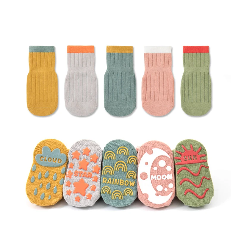 5pairs Casual Cute Knit Floor Socks, Soft Comfortable Breathable Cotton Socks For Toddler Walking Baby Boys And Girls