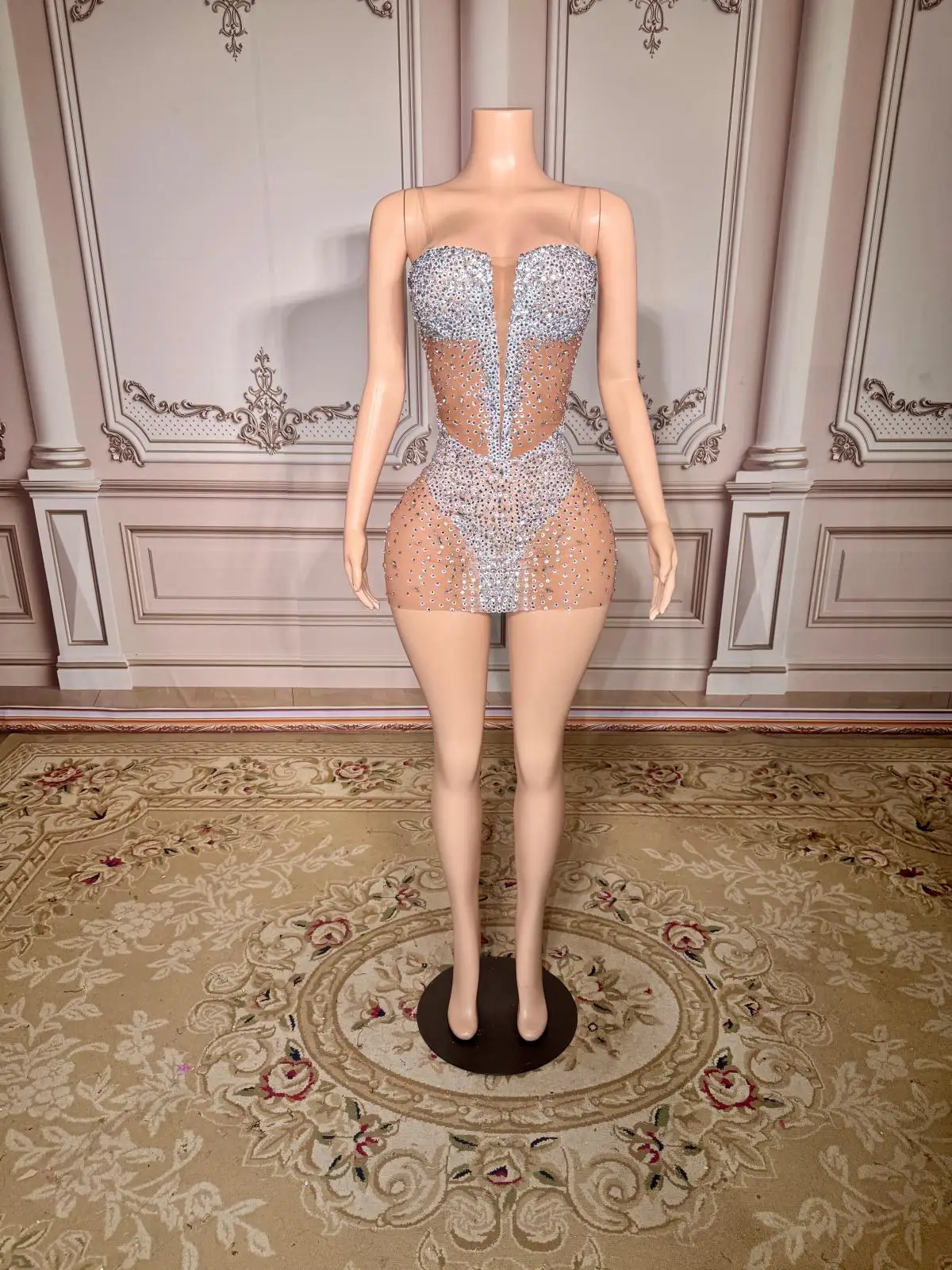 

ZD Rhinestone Mini Dress: Sexy See-Through Sparkly Luxury Party Dress for Women