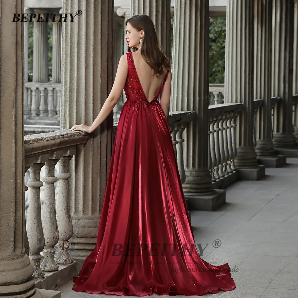 BEPEITHY Customized New Sexy Scoop Evening Dresses Party Dress For Women Red Backless A Line Prom Gown Sleeveless Robe De Soirée