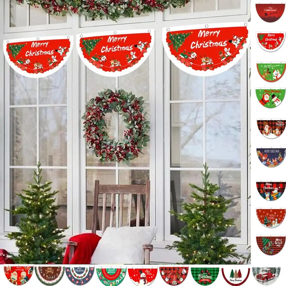 90x45cm Christmas Bunting Fan Flag Polyester Snowman Fan-shaped Flag Banner with Metal Grommet Hanging