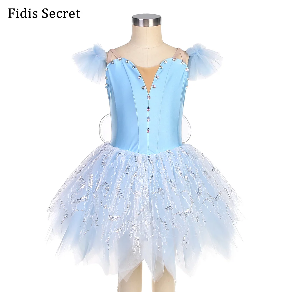 

Sky Blue Romantic Tutu Stage Costume w/Wings,Child Recital/ Ballet Performance Dancewear,Girls Party/Solo/Birthday Sequins Dress