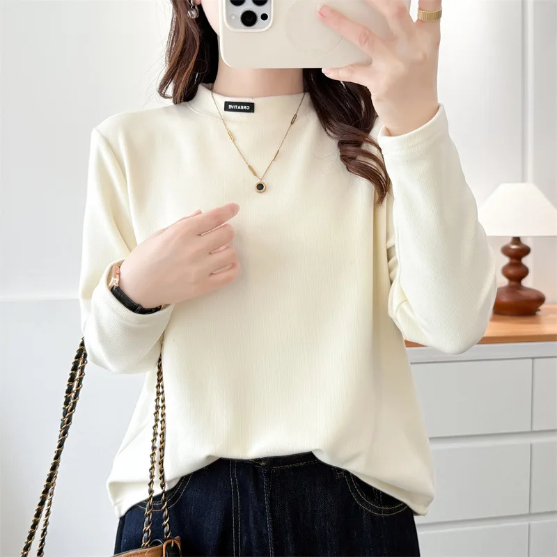 

XXXXL модная женская футболка больших размеров в осенне-зимнем стиле, простые элегантные флисовые теплые топы с длинными рукавами и внутренней частью 8088