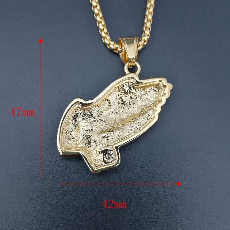 hip hop 316L Stainless Steel Men Gold color prayer hand pendant necklace full zircon with 60cm cuban link chain women jewelry