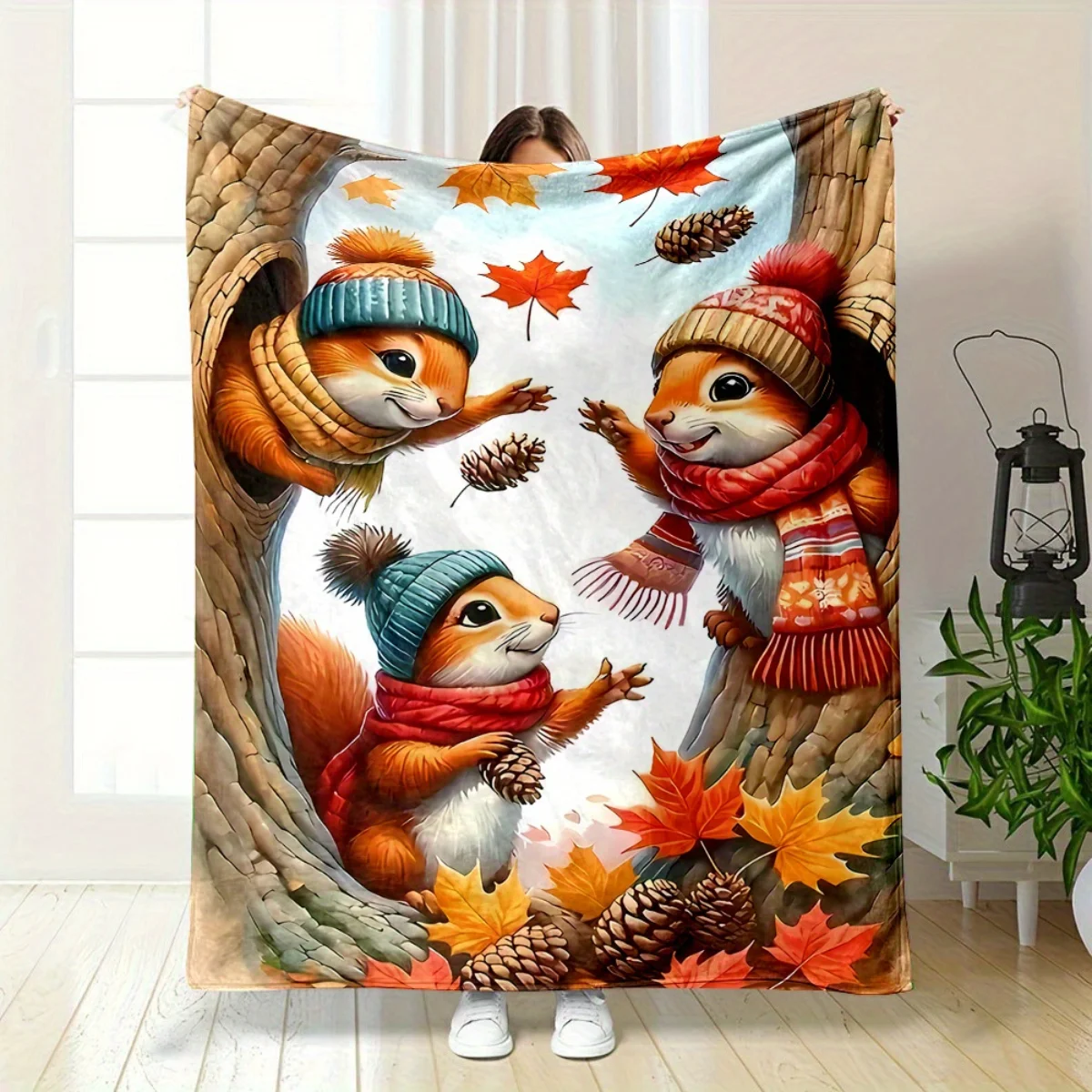 

Comfortable squirrel playing in a tree hole pattern flannel blanket - warm and soft, perfect for sofas, offices, beds, camping,