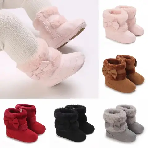 Buty dla niemowląt 0-18M, zimowe, ocieplane, wygodne śniegowce dla dziewczynek, urocze buty bawełniane z kokardką, miękka podeszwa, antypoślizgowe buty dla maluchów.