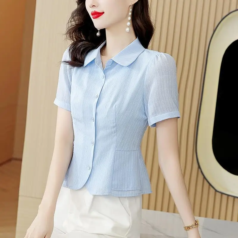 Women\'s Korean Fashion Elegant Button Up Shirt Office Lady Lapel Short Sleeve Commute Blouse Casual White Blue Slim Chiffon Tops