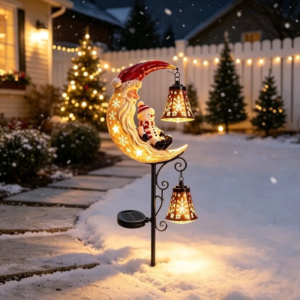 LED Glowing Christmas Moon Solar Stake Light with Bell Hollow Lantern Solar Santa Snowman Light Waterproof Iron Metal