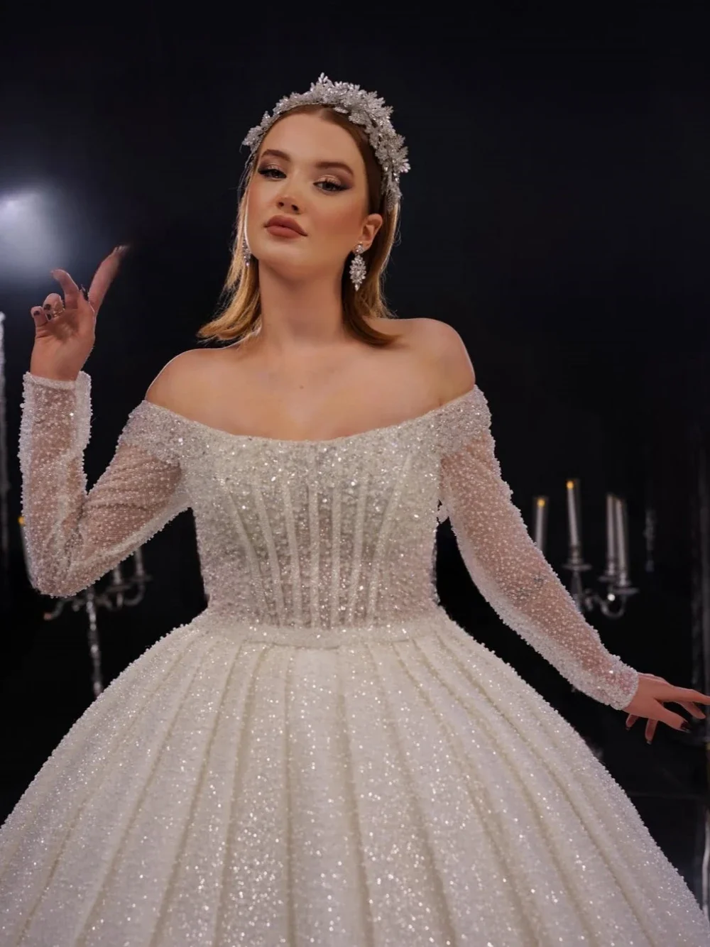 Shiny Ball Gown Corset Wedding Dress Stylish Off Shoulder Luxurious Gown Customized Long Sleeves Women Birde Dress vestido