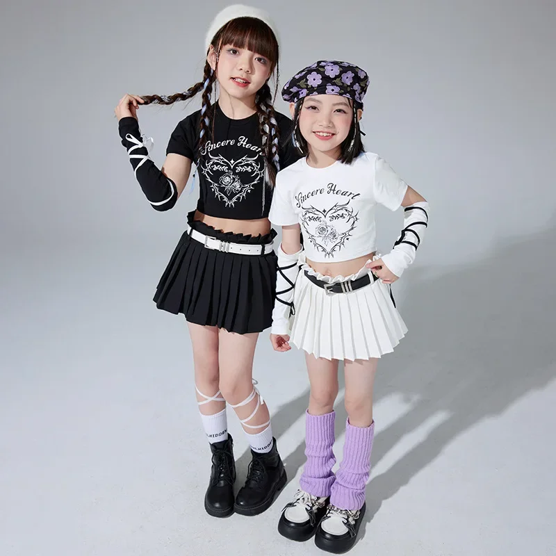 Enfant mignon Hip Hop vêtements blanc imprimé haut court t-shirt manches noir plissé Mini jupe pour fille Jazz danse Costume porter des vêtements