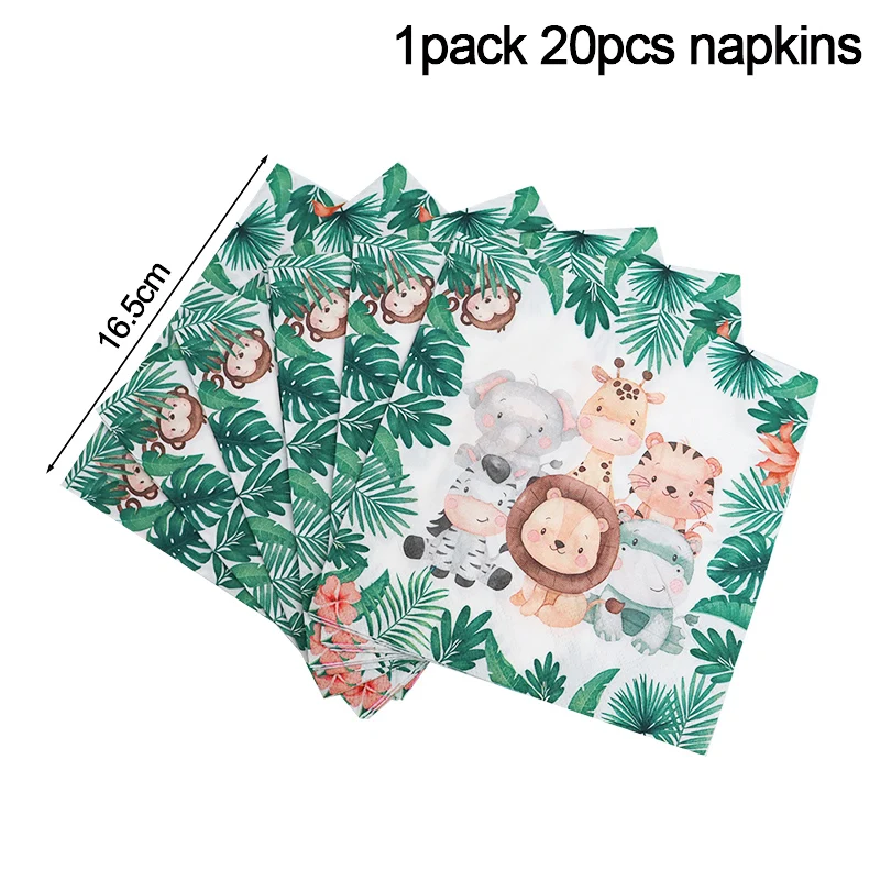 20pcs Wild One Palm Leaves Animal Napkins Jungle Safari Birthday Party Decoration Tropical Hawaii Themed Party Decoration Tissue