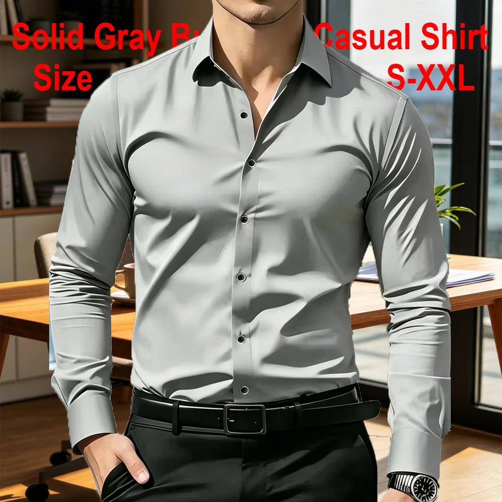 Men's Solid Gray Premium Business Casual Shirt, Slim Fit Long Sleeve Wrinkle Resistant Dress Shirt, 5 Colors Available, S-XXL