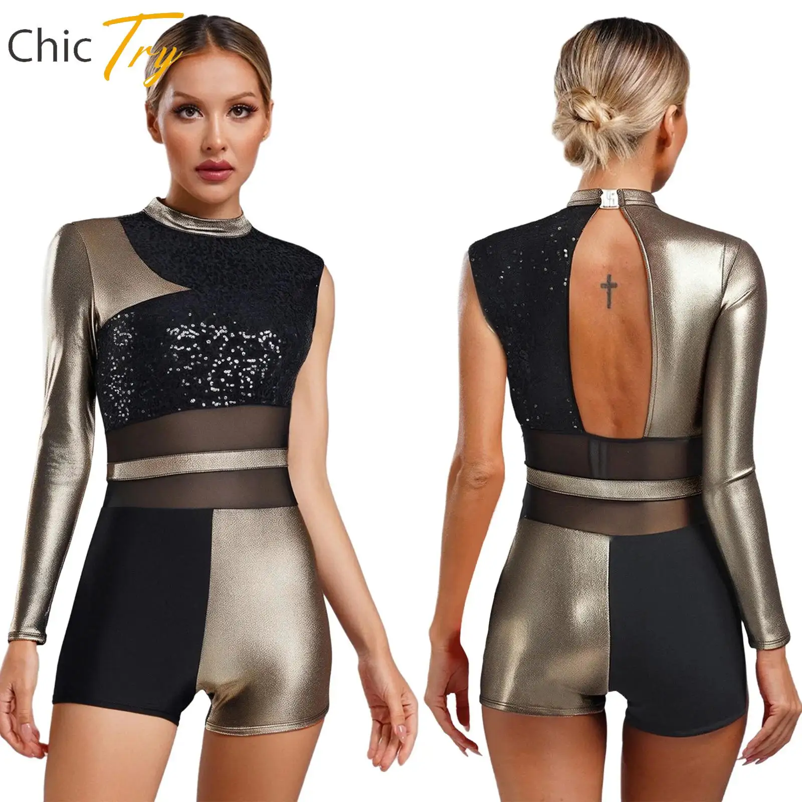

2025 New Women Latin Dance Asymmetrical Bodysuit Backless Boyshort Sequins Leotard Cha-cha Ballet Ballroom Performance Dancewear