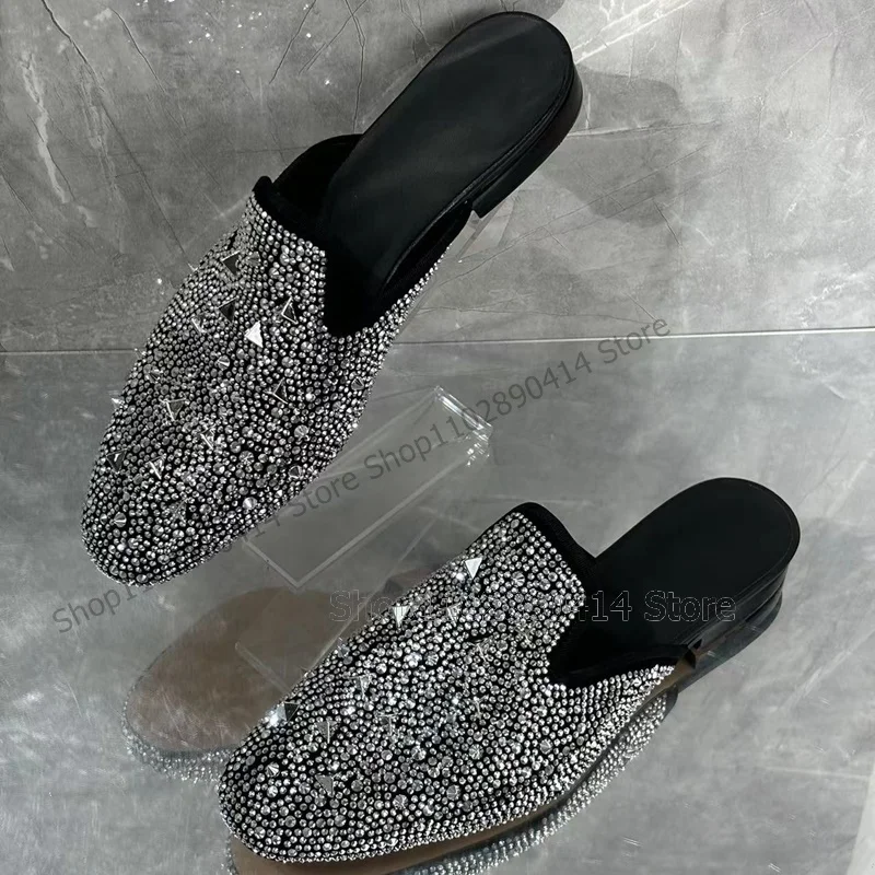 

Silver Rhinestone Rivets Decor Men Slippers Fashion Slip On Men Shoes Luxurious Handmade Party Banquet Office Men Casual Shoes