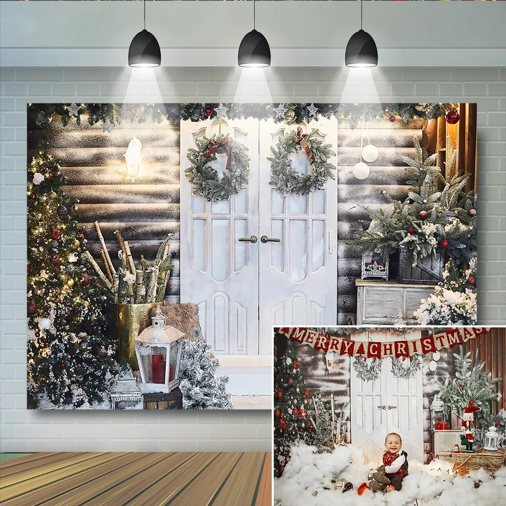 White Christmas Wood Door Backdrop Kids Family Photography Banner Wreath Light Trees Snowy Props Birthday Baby Photostudio