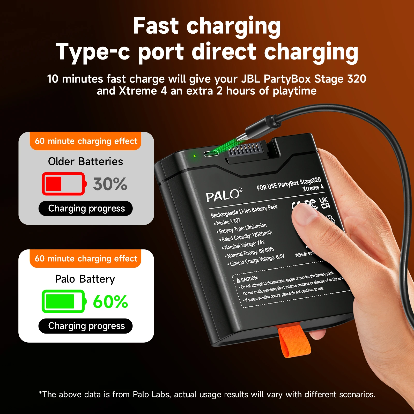 PALO 12000mAh High capacity For JBL Xtreme 4 Battery JBL PartyBox Stage 320 Spare Battery with TYPE-C input For Portable Speaker