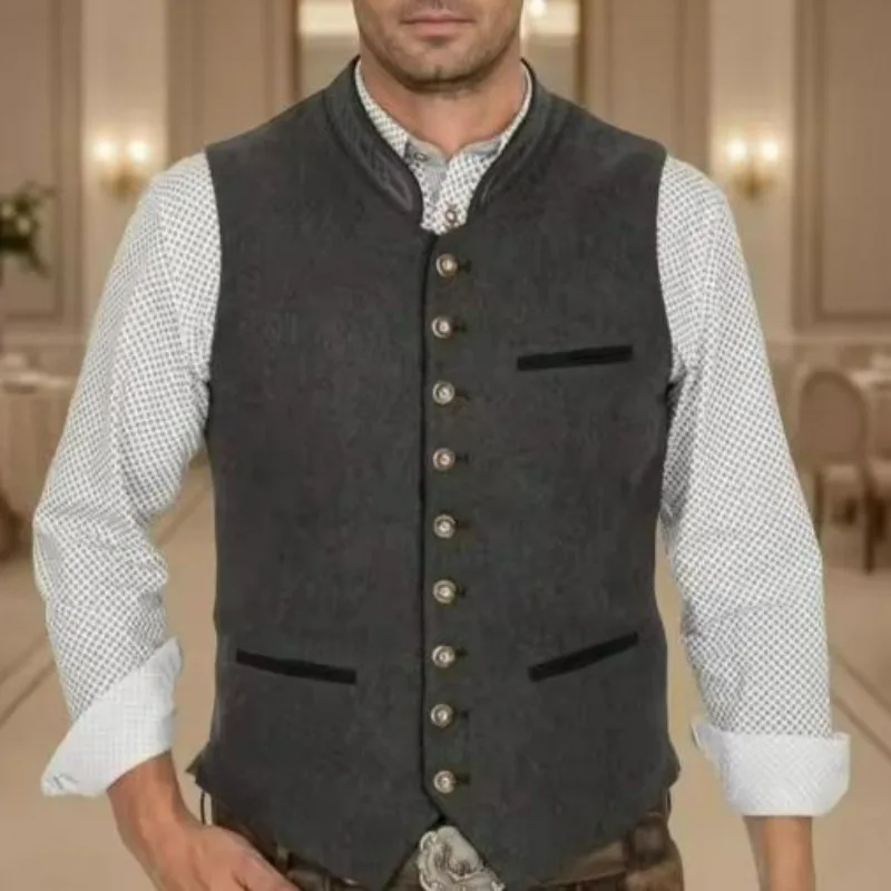 KIDWHXR Man Suit Vest Autumn Stand Collar Single-breasted Male Waistcoat Vintage Slim Sleeveless Wedding Casual Men Vest