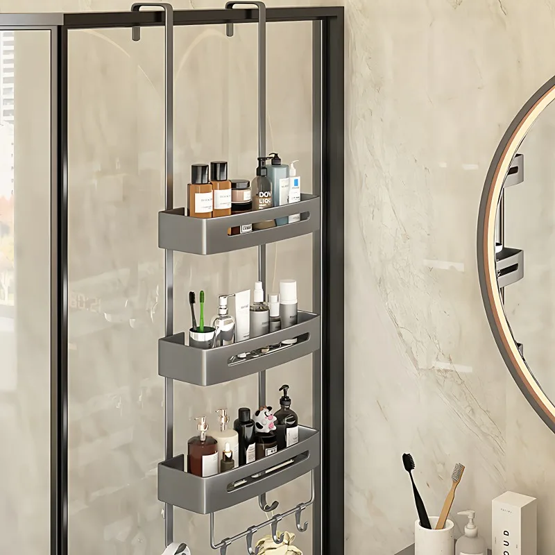 Bathroom Shelf Toilet Shelf No Punching Toilet Hand Washing Storage Bath Shower Glass Door Hanging Basket Hanging
