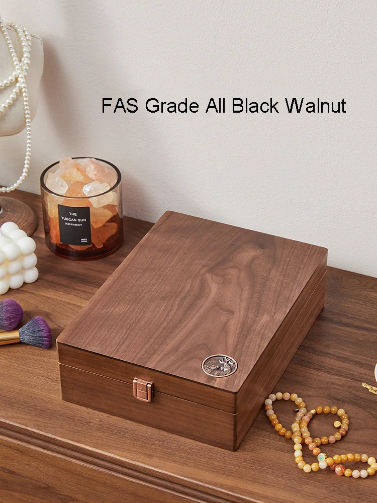 

Black Walnut Wood Solid Wood Jewelry Case with Mirror Creative Handmade Engraving Wooden Earrings Necklace Jewelry Storage Box