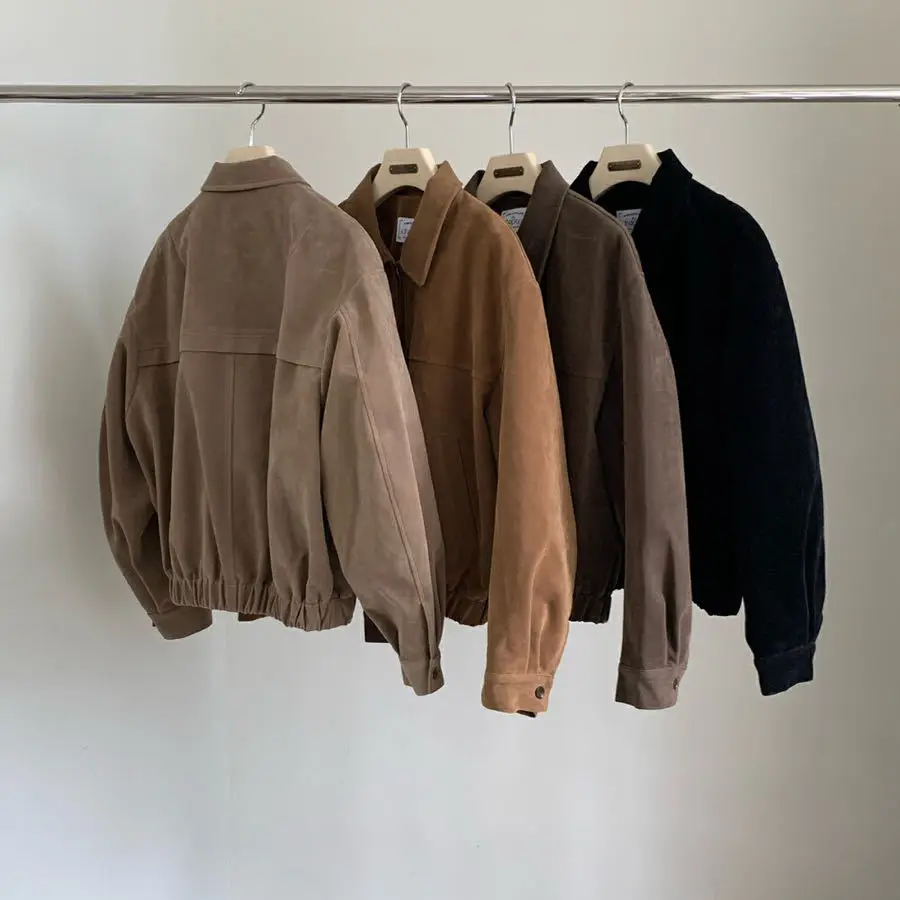 

Vintage Women's Suede Bomber Jacket Loose Stand Collar Zipper Pockets Long Sleeve Female Coat 2025 Autumn Lady Casual Streetwear