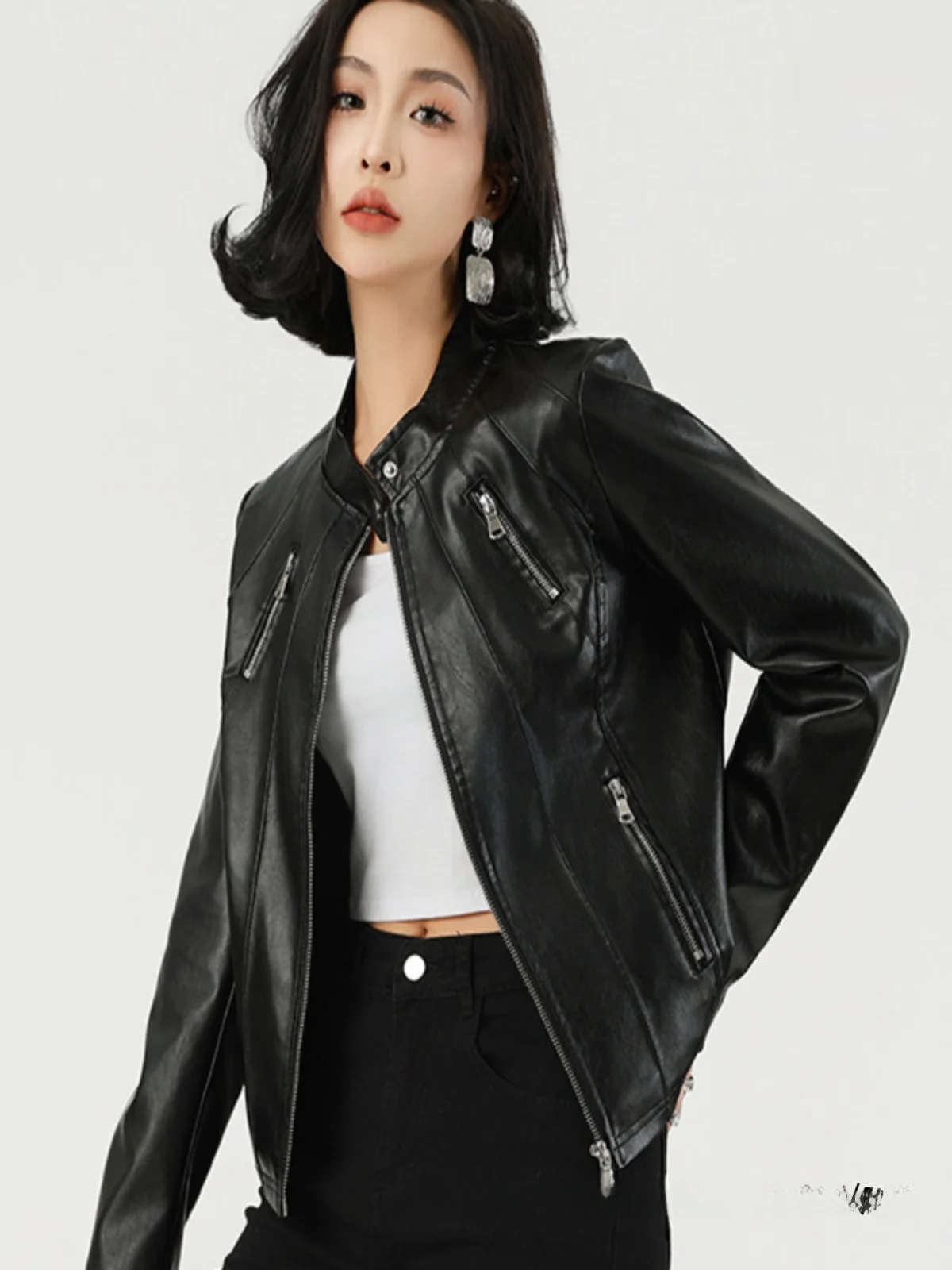 スリムフィット レディース レザー ジャケット 高級感 クロスボーダー レディース ファッション ジッパー ロング スリーブ スタンドカラー PUレザー