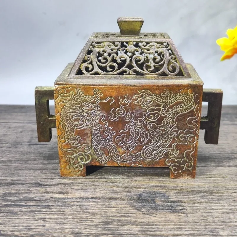 

Antique Dragon-Patterned Openwork Square Incense Burner, Xuande Burner Indoor Incense Holder Home Decor Statue