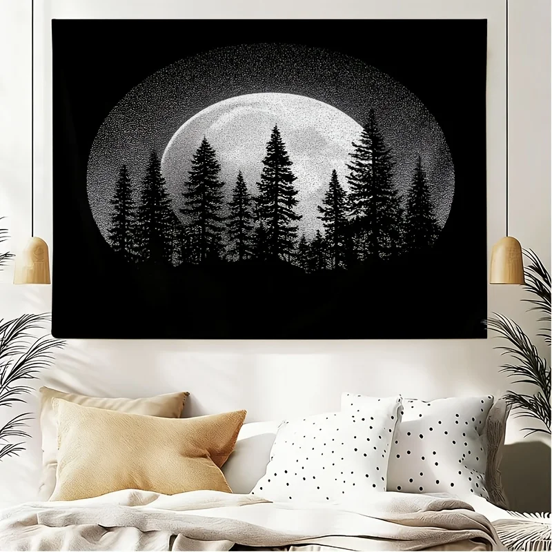 Cosmic Full Moon Forest Tapestry Wall Art Boho Moon Night Sky Pine Tree Landscape Decor Print for Bedroom Living Room