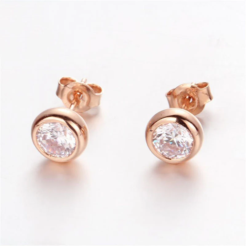 585 Purple Gold Plated 14K Rose Gold Round Diamond Glossy Earings Stud  Elegant Classic Earrings for Women Party Jewelry